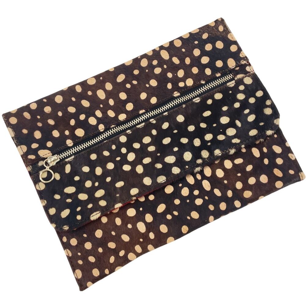 Brown Cream Calf Fur Antelope Print Leather Envelope Clutch Women Purse Preowned